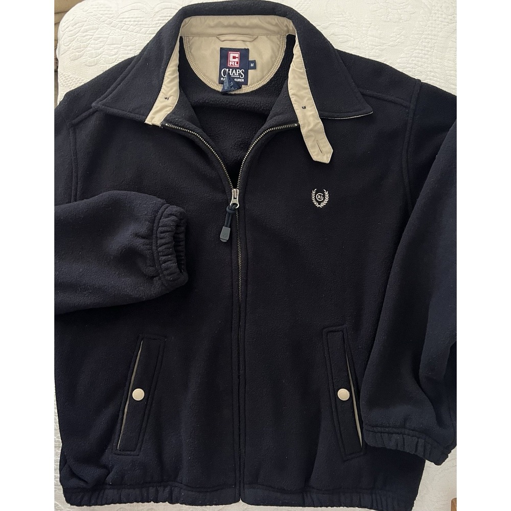 Chaps Ralph Lauren Mens M Navy Blue Fleece Jacket Full Zip Tan Trim Crest